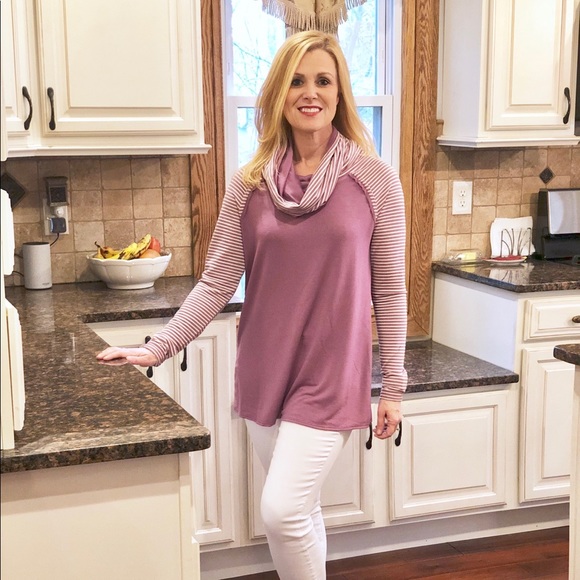 Purple French Terry Pullover Tunic Top Cowl Neck - Picture 2 of 5